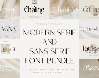 May include: A collage of ten different font names, each displayed in a unique style. The fonts are modern serif and sans serif. The text "PROUDLY PRESENT MODERN SERIF AND SANS SERIF FONT BUNDLE 5 ELEGANT SERIF & 5 ELEGANT SANS SERIF MADE BY FLAWLESSANDCO" is displayed in the center of the image.