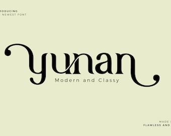 Op de afbeelding: Introductie van ons nieuwste lettertype, "Yunan", een modern en stijlvol lettertype. Gemaakt door Flawless and Co.