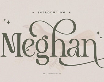 May include: Introducing Meghan, a decorative font with a whimsical, elegant style. The font is shown in a light green color with a delicate, flowing script. The text "Introducing" and "By Flawlessandco." are also included in the image.