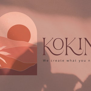 May include: A logo for a company called "KOKIN" with the tagline "We create what you need". The logo features a stylized sunset with a palm tree in a peach and terracotta color scheme.