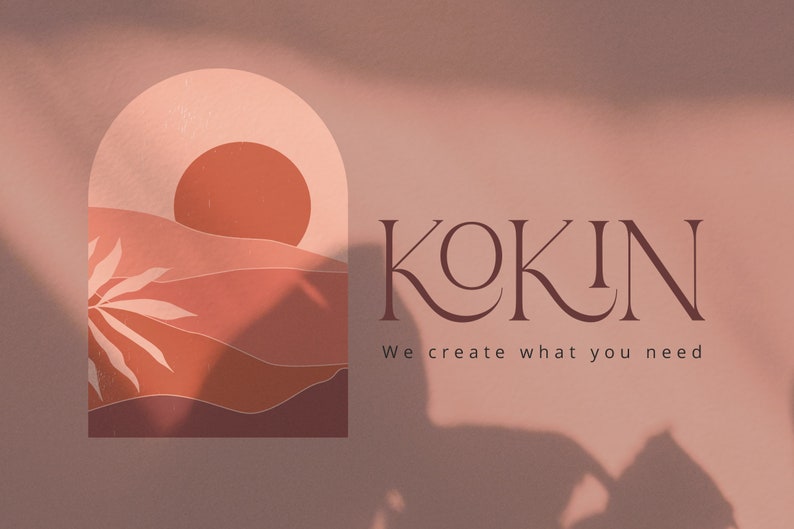 May include: A logo for a company called "KOKIN" with the tagline "We create what you need". The logo features a stylized sunset with a palm tree in a peach and terracotta color scheme.