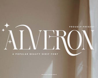 Op de afbeelding: Een beige achtergrond met de witte tekst "ALVERON" in een schreeflettertype. De tekst wordt vergezeld door de woorden "PROUDLY PRESENT" en "A POPULAR BEAUTY SERIF FONT". Twee stervormen staan links.