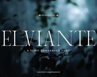 May include: Image showing the word "ELVIANTE" in a white serif font, with the text "A SERIF CONDENSED FONT" beneath it. The background is a dark, blurred image with hints of foliage. The text "INTRODUCING" is above the word "ELVIANTE".