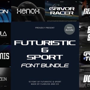 Puede incluir: Gráfico azul oscuro que presenta un paquete de fuentes "FUTURISTIC & SPORT FONT BUNDLE" en blanco. El paquete incluye 10 fuentes, como "ZUTRON", "XENOX" y "GRIVOR RACER", para temas futuristas y deportivos.