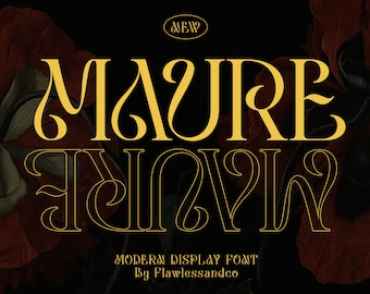May include: A graphic design for a font called "Maure Nova", a modern display font by Flawlessandco. The font is displayed in gold against a dark background with red flowers.