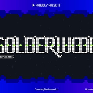 Pode incluir: Um design de fonte de pixel com a palavra "SOLDERWOOD" em letras de bloco brancas. Um gráfico de foguete está à esquerda e uma explosão pixelizada à direita. O fundo é azul escuro com um horizonte de cidade pixelizado.