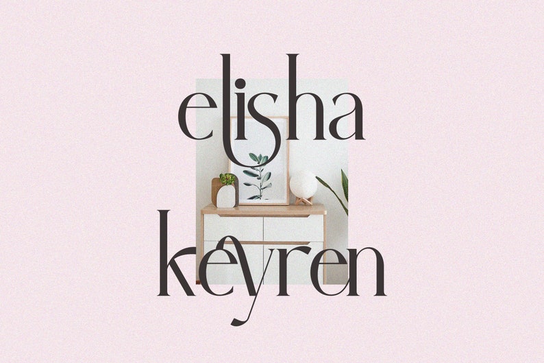 May include: A white dresser with four drawers and a light wood top. The dresser has a plant, a framed print, and a lamp on top. The text "elisha keyren" is in black font on a pink background.