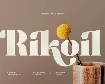 May include: A serif font design with the word "Rikoil" in large, off-white letters. The image includes a yellow flower in a decorative vase and text that reads "Flawless and Co Present". Additional text describes the font's features.