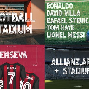 May include: A graphic design featuring a white font with a double outline. The font is used to display the words "FOOTBALL STADIUM", "SENSEVA", "RONALDO DAVID VILLA RAFAEL STRUICK TOM HAYE LIONEL MESSI", and "ALLIANZ ARENA STADIUM".