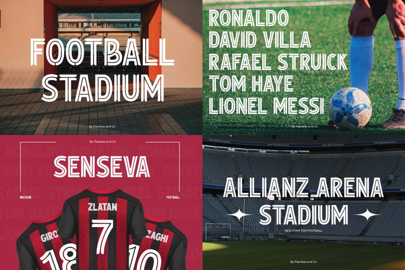 May include: A graphic design featuring a white font with a double outline. The font is used to display the words "FOOTBALL STADIUM", "SENSEVA", "RONALDO DAVID VILLA RAFAEL STRUICK TOM HAYE LIONEL MESSI", and "ALLIANZ ARENA STADIUM".
