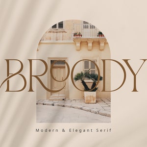 May include: A modern and elegant serif font called "Broody" displayed against a background of a beige wall with a window and a potted palm tree.