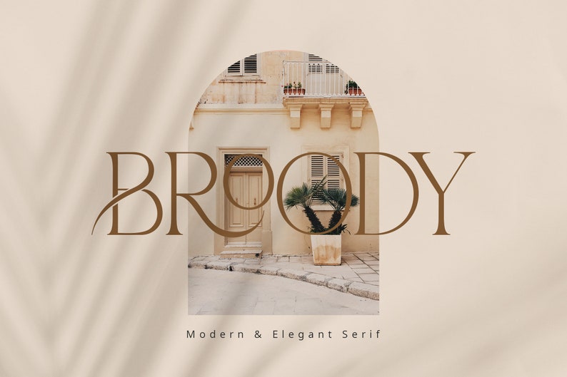 May include: A modern and elegant serif font called "Broody" displayed against a background of a beige wall with a window and a potted palm tree.