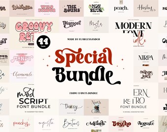 May include: A collage of 41 different font designs in a variety of styles, including script, retro, and modern. The fonts are displayed in a grid format with a red and black title that reads "Special Bundle".