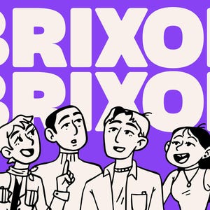 May include: A purple background with the word "BRIXON" in large, white, bold letters. Below the word are four cartoon figures. The text "MODERN BOLD SANS DISPLAY" and "CREATE BY FLAWLESS AND CO" are also present.
