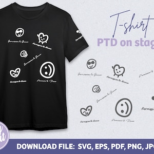 May include: Black t-shirt with white text and graphics. The text says "Permission to Dance" and "Permission to Dance" with a smiley face. The graphics are a heart, a smiley face, and a person with arms outstretched.