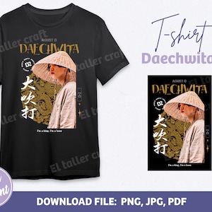 May include: Black t-shirt with a graphic of a person wearing a traditional Korean hat and a gold and black design. The text "DAECHWITA" and "AGUST D" are printed on the shirt.