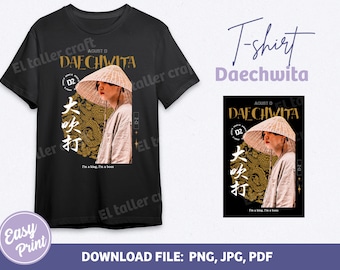 May include: Black t-shirt with a graphic of a person wearing a traditional Korean hat and a gold and black design. The text "DAECHWITA" and "AGUST D" are printed on the shirt.