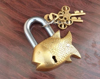 Brass Fish Padlock with Keys: Handmade Antique Home Decor