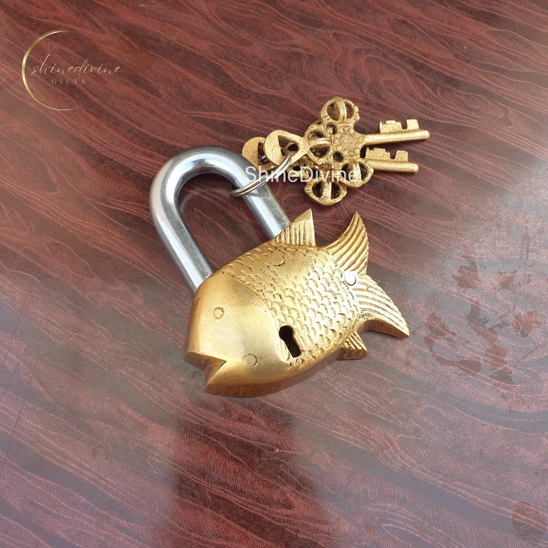 Brass Fish Padlock, Auspicious Brass Lock Two Keys Handmade Antique ...