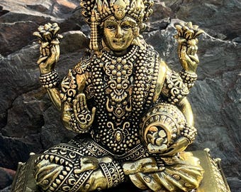Superfeine Messing Göttin Lakshmi Statue | Handgefertigtes Hindu Göttin Idol für Home Tempel Dekor | Reichtum Wohlstand spirituelles Geschenk