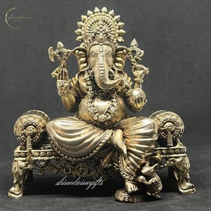 Exquisite Brass Sitting Ganesha on Throne, Best For Gift, Hindu God Idol with Intricate Detailing for Home Temple & Decor, Spiritual, Altar.