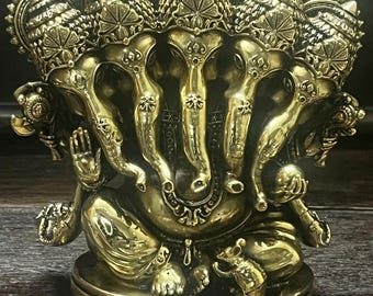 Messing Panchmukhi Ganesh-standbeeld: handgemaakt idool hindoegod, pujadecor