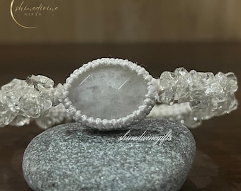 Moonstone Macrame Bracelet: White Quartz Crystal Healing, Adjustable Boho Jewelry