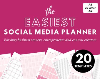 Op de afbeelding: Een roze en witte social media planner met de tekst "the EASIEST SOCIAL MEDIA PLANNER" en "For busy business owners, entrepreneurs and content creators". De planner heeft 20 sjablonen en is beschikbaar in de formaten A4, US Letter en A5.