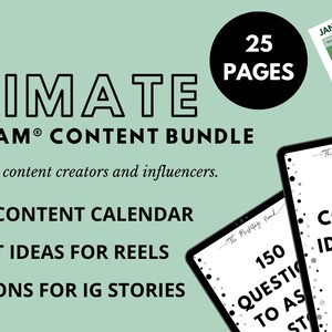 Puede incluir: Un paquete de productos digitales para la creaci&oacute;n de contenido de Instagram, que incluye un calendario de contenido de 365 d&iacute;as, 61 ideas de carretes y 150 preguntas para historias. El paquete incluye 25 p&aacute;ginas de contenido imprimible.
