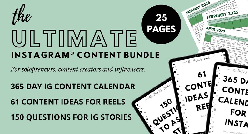 Puede incluir: Un paquete de productos digitales para la creaci&oacute;n de contenido de Instagram, que incluye un calendario de contenido de 365 d&iacute;as, 61 ideas de carretes y 150 preguntas para historias. El paquete incluye 25 p&aacute;ginas de contenido imprimible.