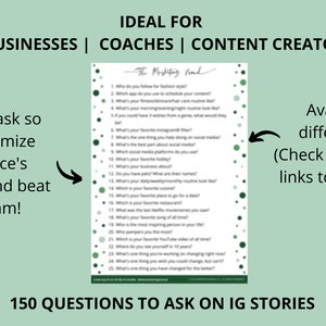 Puede incluir: Hoja de trabajo imprimible verde y blanca con 150 preguntas para hacer en las historias de Instagram. La hoja de trabajo se titula "The Mighty Mind" y es ideal para empresas en l&iacute;nea, entrenadores, creadores de contenido y asistentes virtuales. La hoja de trabajo est&aacute; disponible en cuatro colores diferentes. El texto "8 P&aacute;ginas" est&aacute; en un c&iacute;rculo negro.