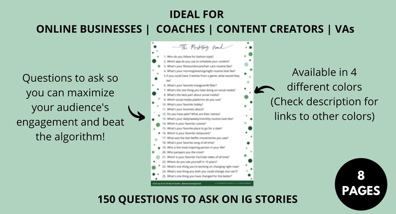 Puede incluir: Hoja de trabajo imprimible verde y blanca con 150 preguntas para hacer en las historias de Instagram. La hoja de trabajo se titula "The Mighty Mind" y es ideal para empresas en l&iacute;nea, entrenadores, creadores de contenido y asistentes virtuales. La hoja de trabajo est&aacute; disponible en cuatro colores diferentes. El texto "8 P&aacute;ginas" est&aacute; en un c&iacute;rculo negro.
