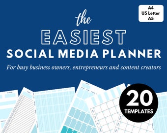 Peut inclure: Un fond bleu avec du texte blanc qui dit "the EASIEST SOCIAL MEDIA PLANNER" et "For busy business owners, entrepreneurs and content creators". Il y a 20 modèles imprimables pour la planification des médias sociaux. Le texte "20 TEMPLATES" est en blanc sur un cercle noir.