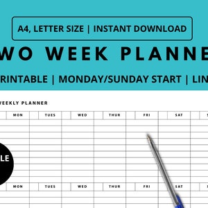Planificador de dos semanas, Imprimible, Rellenable, Forrado, Doble fila, Inicio lunes/domingo, Paisaje, Planificador de productividad - A4/Carta PDF