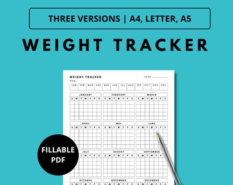 May include: A black and white printable weight tracker with a calendar layout for tracking weight loss or gain. The tracker is divided into 12 months, with each month having a grid of 31 days. The tracker is labeled "Weight Tracker" and includes the words "Goal", "Year", and "January" through "December".