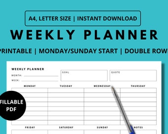 Puede incluir: Un planificador semanal imprimible en blanco y negro con un diseño sencillo. El planificador tiene secciones para objetivos, citas, notas y cada día de la semana. El texto "WEEKLY PLANNER" está en la parte superior de la página. El texto "FILLABLE PDF" está en un círculo en la parte inferior izquierda de la página.
