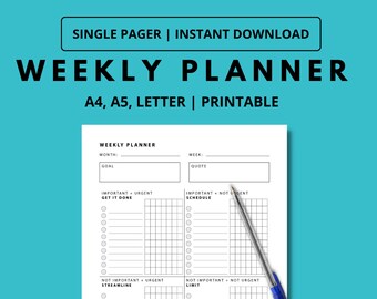 Puede incluir: Un planificador semanal imprimible con un fondo turquesa. El planificador incluye secciones para objetivos, citas y horarios. El texto de la imagen dice "SINGLE PAGER | INSTANT DOWNLOAD" y "WEEKLY PLANNER A4, A5, LETTER | PRINTABLE". Un bolígrafo descansa sobre el planificador.