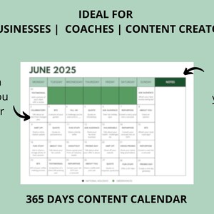 Puede incluir: Un calendario de contenido imprimible de 365 d&iacute;as para junio de 2025. El calendario est&aacute; dividido en casillas diarias con indicaciones para ideas de contenido. El calendario es ideal para empresas en l&iacute;nea, entrenadores, creadores de contenido y asistentes virtuales. Incluye una secci&oacute;n de notas para agregar pensamientos.