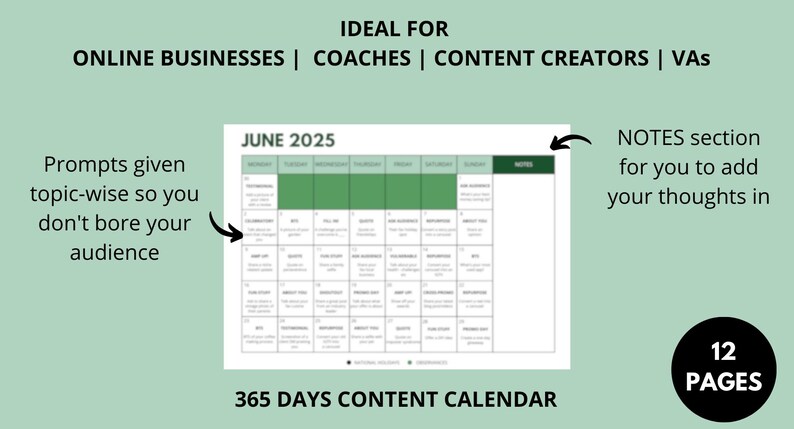 Puede incluir: Un calendario de contenido imprimible de 365 d&iacute;as para junio de 2025. El calendario est&aacute; dividido en casillas diarias con indicaciones para ideas de contenido. El calendario es ideal para empresas en l&iacute;nea, entrenadores, creadores de contenido y asistentes virtuales. Incluye una secci&oacute;n de notas para agregar pensamientos.