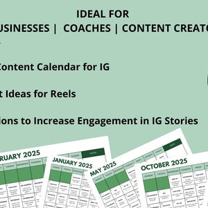 Puede incluir: Un gr&aacute;fico verde y blanco con el texto "IDEAL FOR ONLINE BUSINESSES | COACHES | CONTENT CREATORS | VAs" y "What's included: 365 Days Content Calendar for IG 61 Content Ideas for Reels 150 Questions to Increase Engagement in IG Stories". Un c&iacute;rculo negro con el texto "25 PAGES" est&aacute; en la esquina superior derecha. Hay siete p&aacute;ginas de calendario para diferentes meses del a&ntilde;o, con los meses etiquetados "APRIL 2025", "FEBRUARY 2025", "JUNE 2025", "JANUARY 2025", "MAY 2025", "OCTOBER 2025" y "JULY 2025".