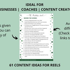 Puede incluir: Una lista de verificaci&oacute;n imprimible verde y blanca con el t&iacute;tulo "Detr&aacute;s de escena" y 61 ideas de contenido para Reels. La lista de verificaci&oacute;n es ideal para empresas en l&iacute;nea, entrenadores, creadores de contenido y asistentes virtuales. Est&aacute; disponible en cuatro colores diferentes.