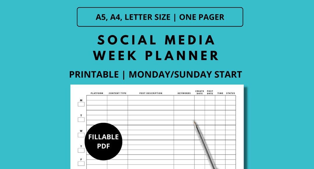 Social Media Week Planner, One Pager, Printable, Fillable, Landscape ...