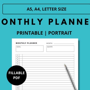 Monthly Planner, Printable, Fillable, Portrait, Productivity Planner - A5/A4/Letter PDF