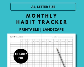 Puede incluir: Un rastreador de hábitos mensual imprimible en formato horizontal. El diseño incluye una cuadrícula para rastrear los hábitos diarios, con espacio para el mes y una opción PDF rellenable. El texto "A4, LETTER SIZE" está en la parte superior.