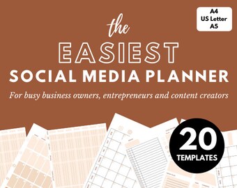 Peut inclure: Un fond brun avec du texte blanc qui dit "the EASIEST SOCIAL MEDIA PLANNER" et "For busy business owners, entrepreneurs and content creators". L'image montre également un cercle noir avec du texte blanc qui dit "20 TEMPLATES". L'image montre une variété de modèles de planificateur de médias sociaux imprimables.