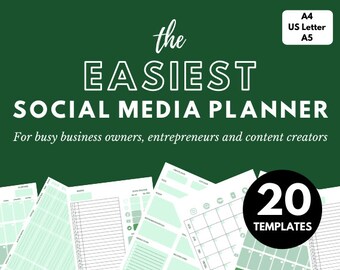 Peut inclure: Un planificateur de médias sociaux imprimable vert et blanc avec le texte "the EASIEST SOCIAL MEDIA PLANNER" et "For busy business owners, entrepreneurs and content creators". Le planificateur comprend 20 modèles.