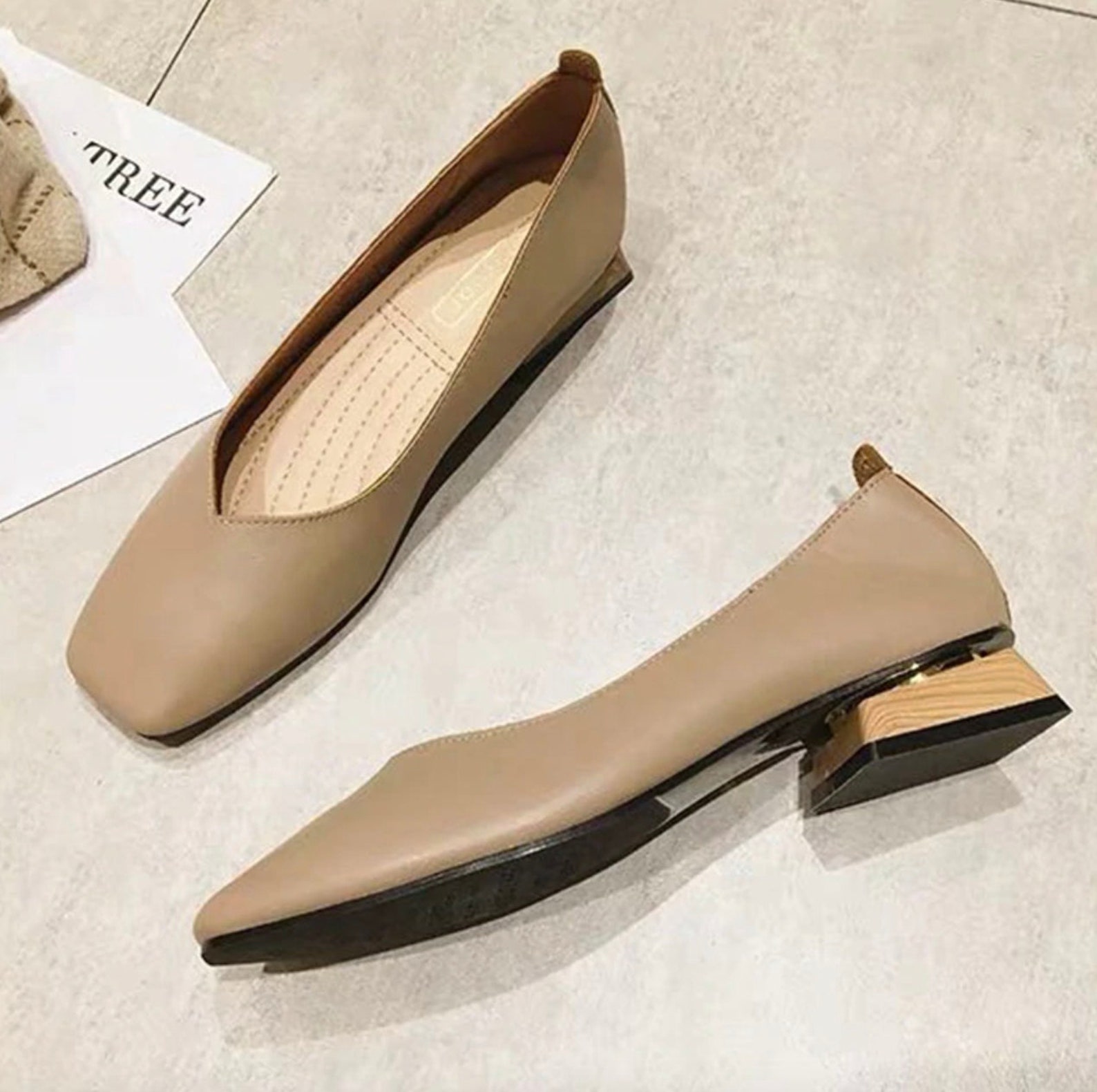 leather ballet flats with wood look heel
