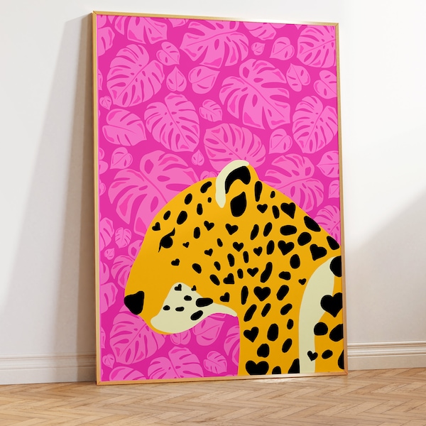 Hearts Leopard Cute Wall Art Decor, Hot Pink and Orange Large Cat Wallart, Printable Tropical Jungle Animal Digital Printable Poster