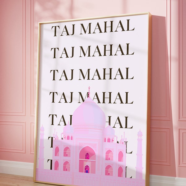 Taj Mahal India Travel Print | Digital Art Download | Pink and White Indian Travel Exhibition Print | Cute Trendy Wall Art |Instant Download