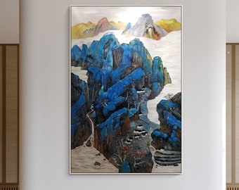 Modern Abstract Mountain Painting: Blue Acrylic Texture, Framed Canvas Art